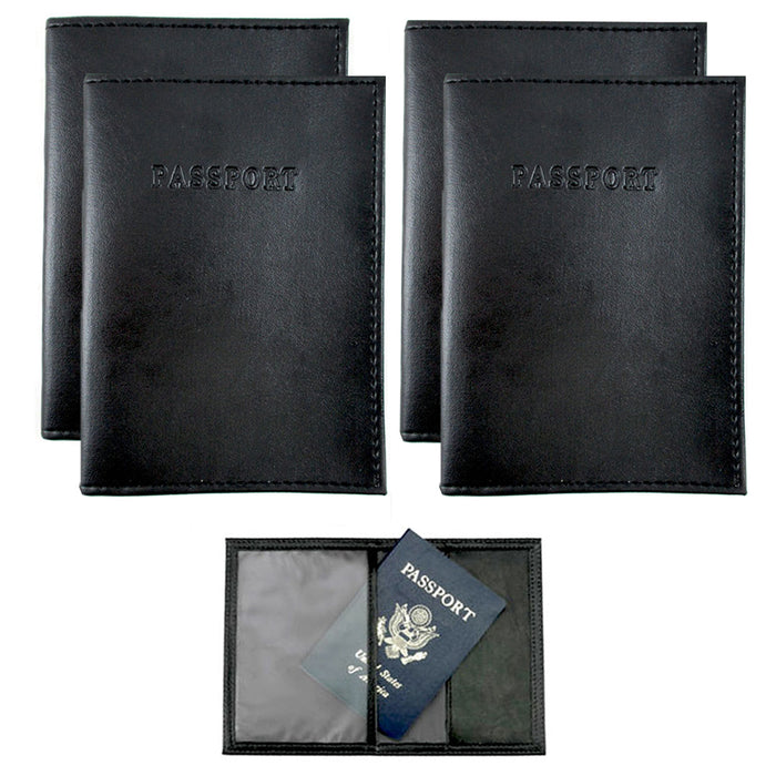 4 Passport Cover Holders Faux Leather ID Wallet Case Travel  Black New !