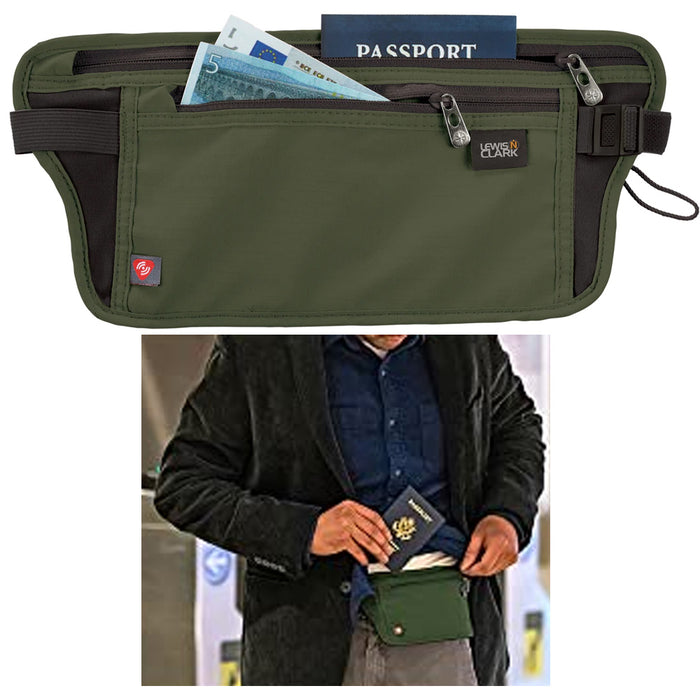 Lewis N Clark Money Belt Waist Pouch Travel Bum Bag Fanny Pack RFID Block Olive