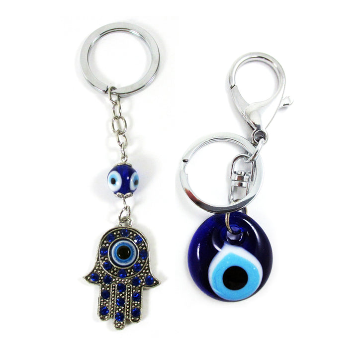 2 Evil Eye Hamsa Nazar Mati Keychains Crystal Blue Charm Lucky Amulet Key Ring