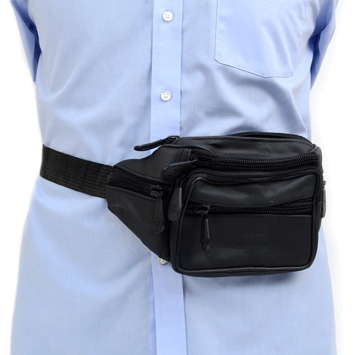 Leather Fanny Pack Adjustable Waist Bag Mens Womens Hip Purse Travel Pouch Black