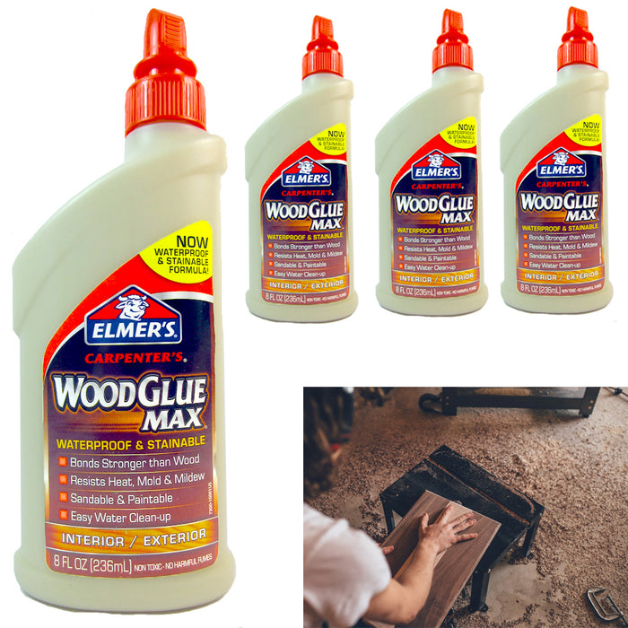 4Pc Elmer's Carpenter Wood Glue Max Interior Exterior 8oz ea Waterproof Adhesive