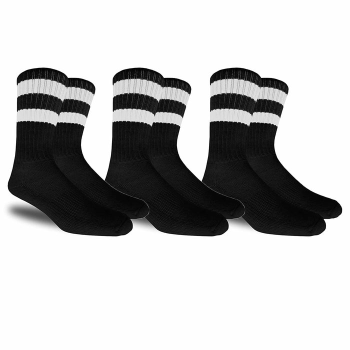 3 Pairs Men Athletic Socks Stripe Tube Crew Calf Retro Sport Black One Size 17"L