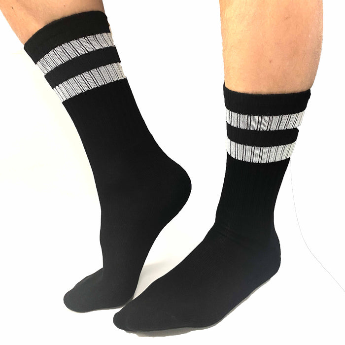 6 Pairs Men Black Socks Stripe Sports Athletic Cushion Work Crew Cotton One Size