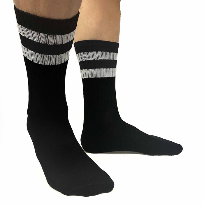 3 Pairs Men Athletic Socks Stripe Tube Crew Calf Retro Sport Black One Size 17"L