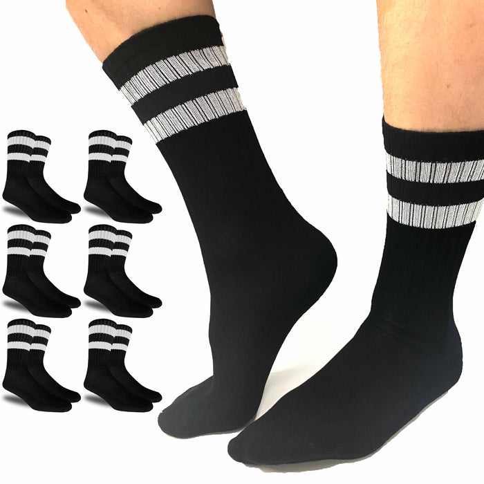 6 Pairs Men Black Socks Stripe Sports Athletic Cushion Work Crew Cotton One Size