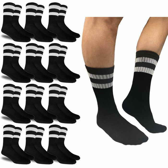 12 Pairs Men's Cotton Sports Socks Stripes Athletic Cushion Crew Black One Size
