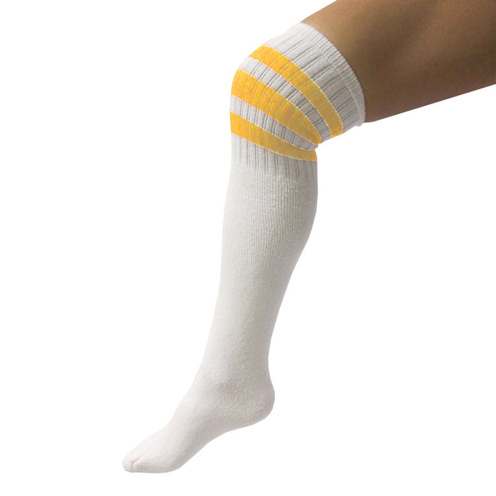 4 Pair Casual Knee High White Tube Socks Yellow Stripe Long Athletic Sport 10-15