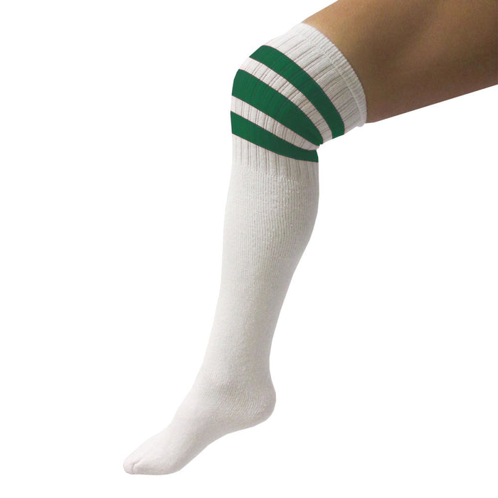 4 Pairs Casual Knee High White Tube Socks Long Athletic Green Stripe Sport 10-15