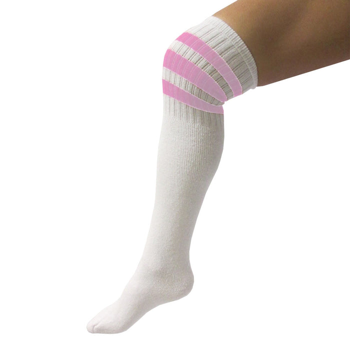 4 Pairs Knee High White Tube Socks Pink Stripe Cotton Long Athletic Sports 10-15