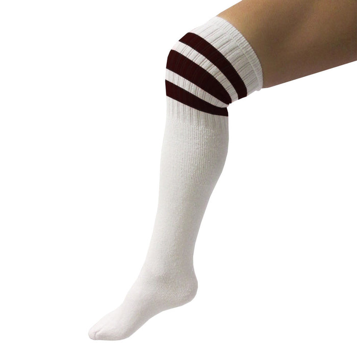 4 Pairs Knee High White Tube Socks Black Stripe Cotton Long Athletic Sport 10-15