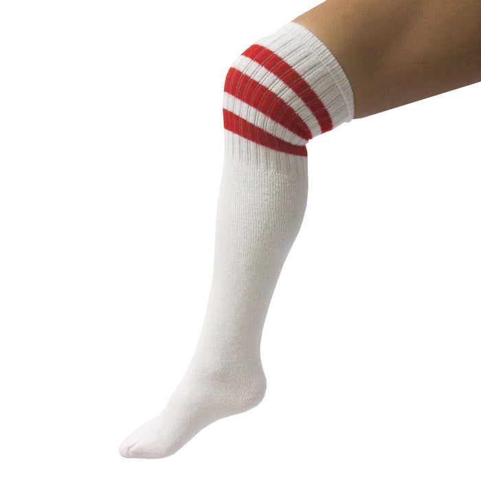 4 Pairs Knee High White Tube Socks Long Athletic Cotton Red Stripes Sports 10-15