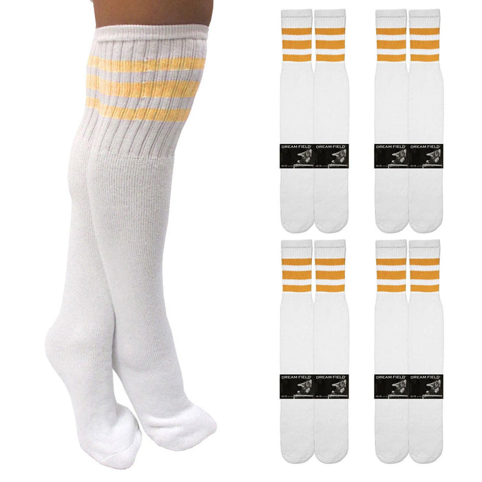 4 Pair Casual Knee High White Tube Socks Yellow Stripe Long Athletic Sport 10-15