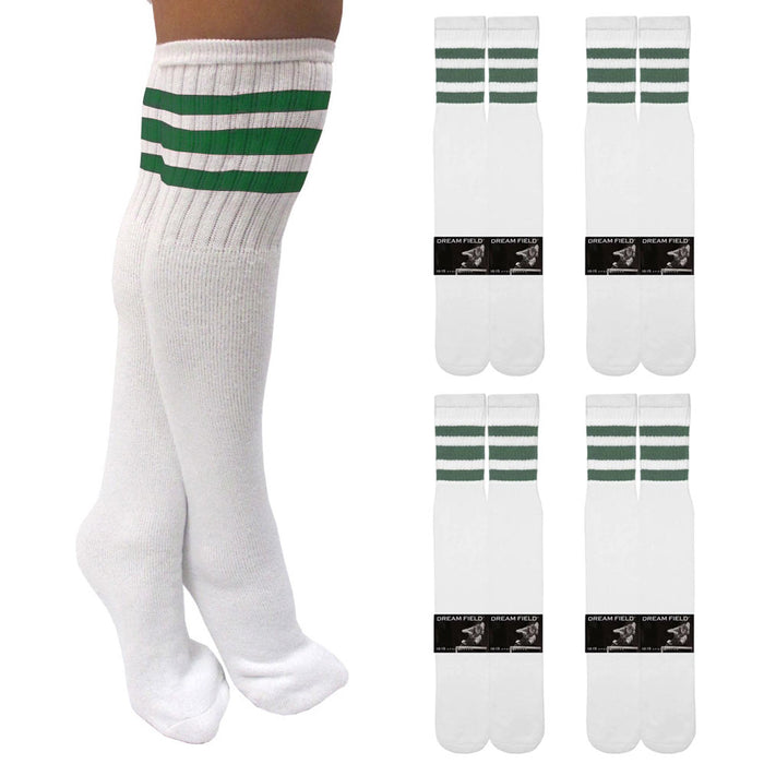 4 Pairs Casual Knee High White Tube Socks Long Athletic Green Stripe Sport 10-15
