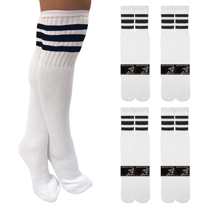 4 Pairs Knee High White Tube Socks Black Stripe Cotton Long Athletic Sport 10-15