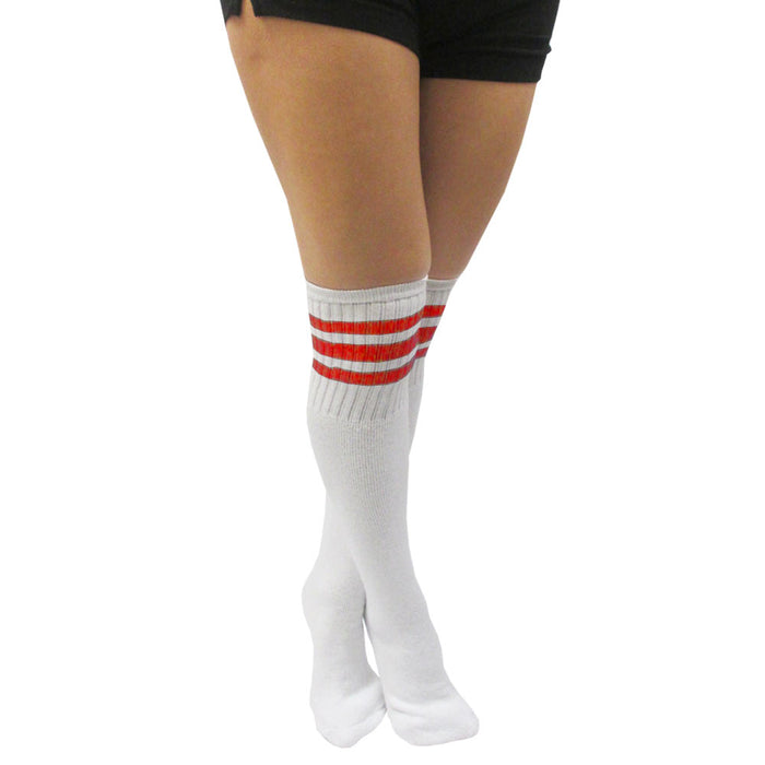 4 Pairs Knee High White Tube Socks Long Athletic Cotton Red Stripes Sports 10-15