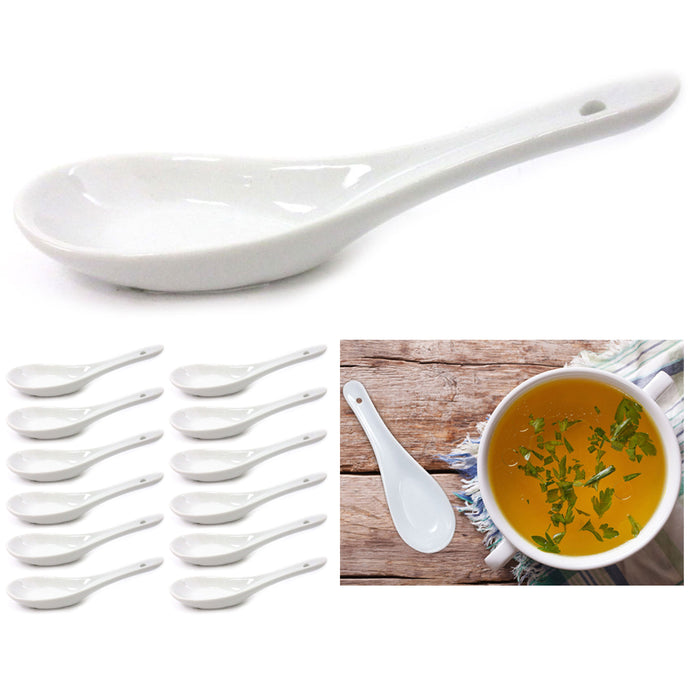 12 Pc Chinese White Ceramic Appetizer Spoon Canape Soup Thai Japanese Noodle