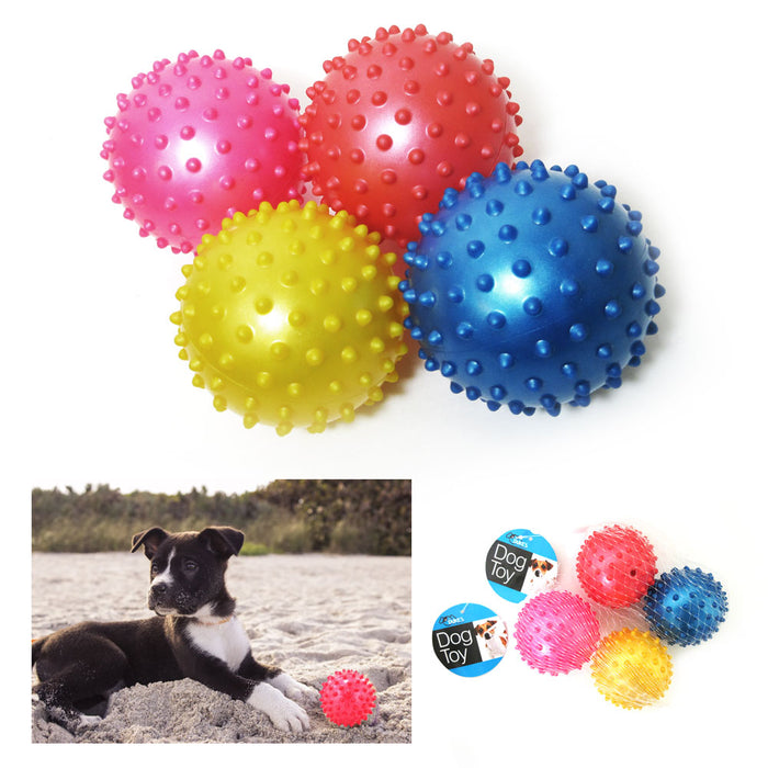 4 Pc Rubber Spike Dog Balls Fetching Pet Play Toys Squeaker Bouncing Fun Puppy