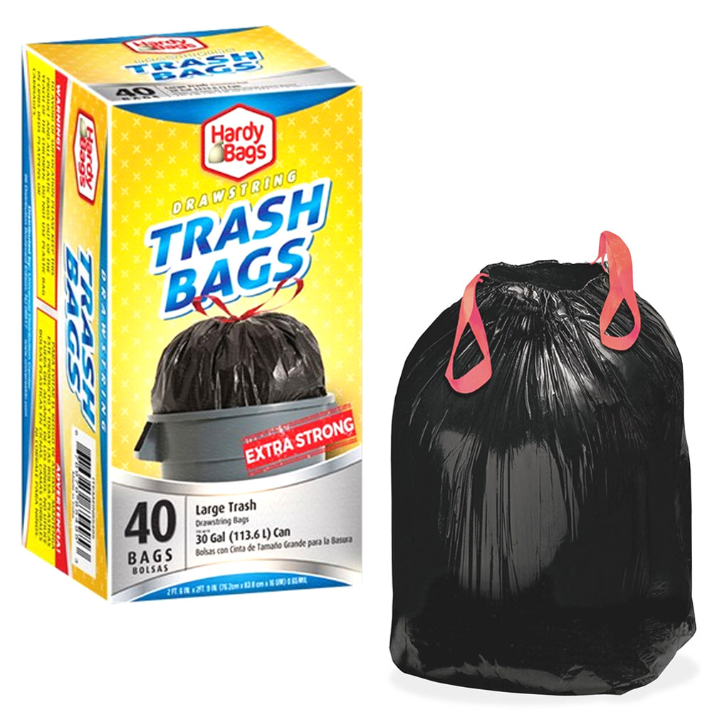 40 Large 30 Gallon Drawstring Trash Bags Extra Strong Kitchen