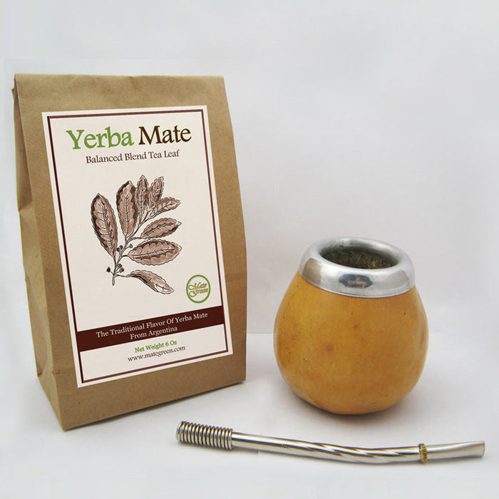 Argentina Yerba Mate Tea Gourd Cup Artisan + Straw Bombilla + 6 Oz Leaf Bag Kit