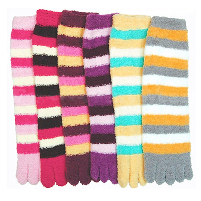 3 Pairs Lot Fuzzy Toe Socks Soft Striped Womens Thong Flip Flop Wholesale 9-11