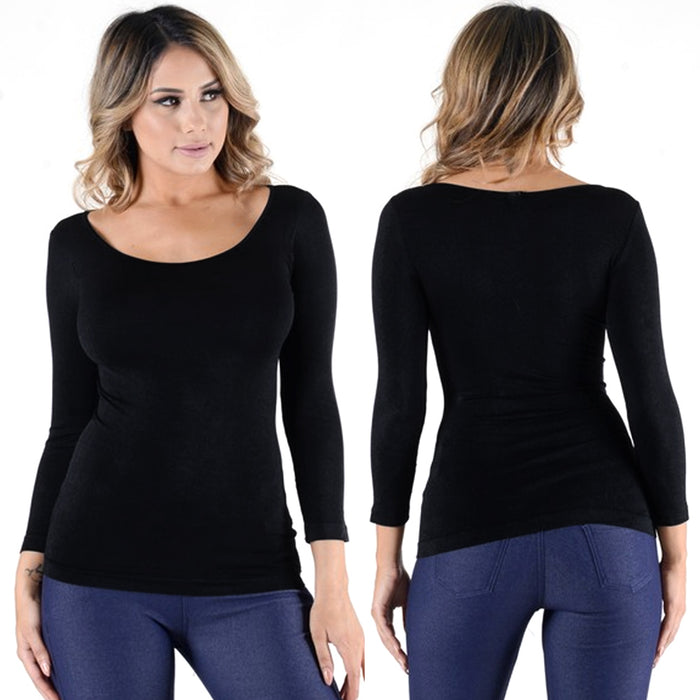 2pc Women Long Sleeve Shirt Seamless Scoop Neck Tunic Basic Layer One Size Black