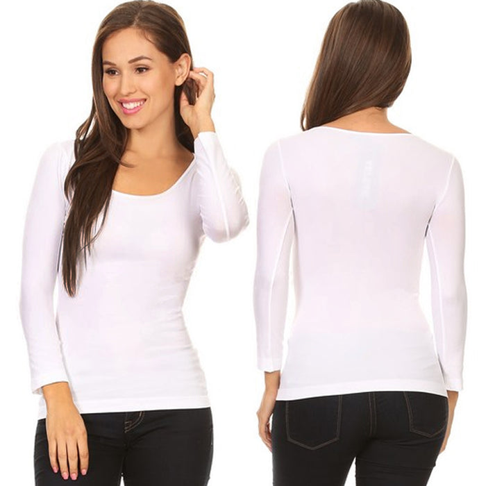 2pc Women Long Sleeve Shirt Seamless Scoop Neck Tunic Basic Layer One Size White
