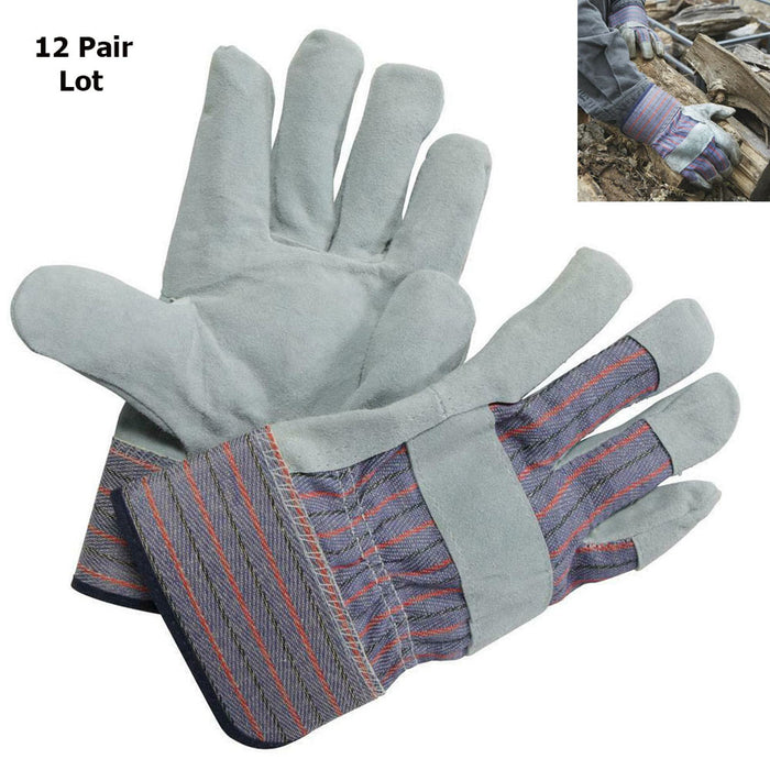 12 Pair Work Gloves Split Leather Reinforced Palm Protective Men Utility Garden