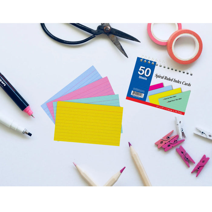 6 Pack Index Cards Spiral Bound 3" X 5" Ruled 50Ct Assorted Colors School Office