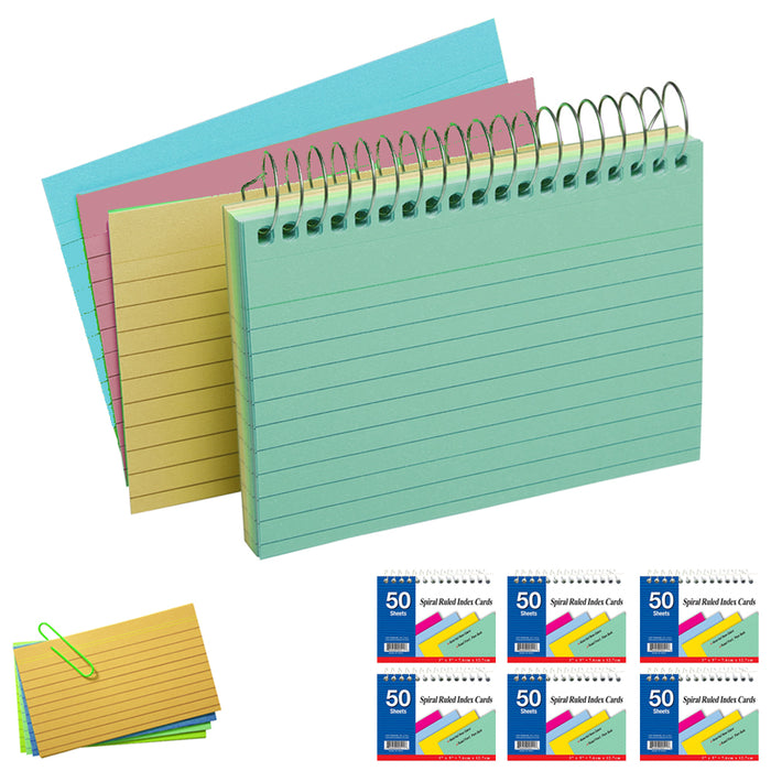 6 Pack Index Cards Spiral Bound 3" X 5" Ruled 50Ct Assorted Colors School Office