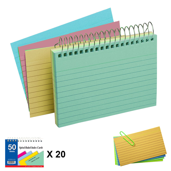 20 Pack Index Cards Ruled Spiral Bound 3" X 5" 50Ct Assorted Colors Wholesale US