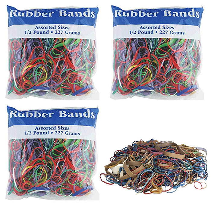 3 Bags Bazic Multicolor Rubber Bands School Home Office Assorted Dimensions