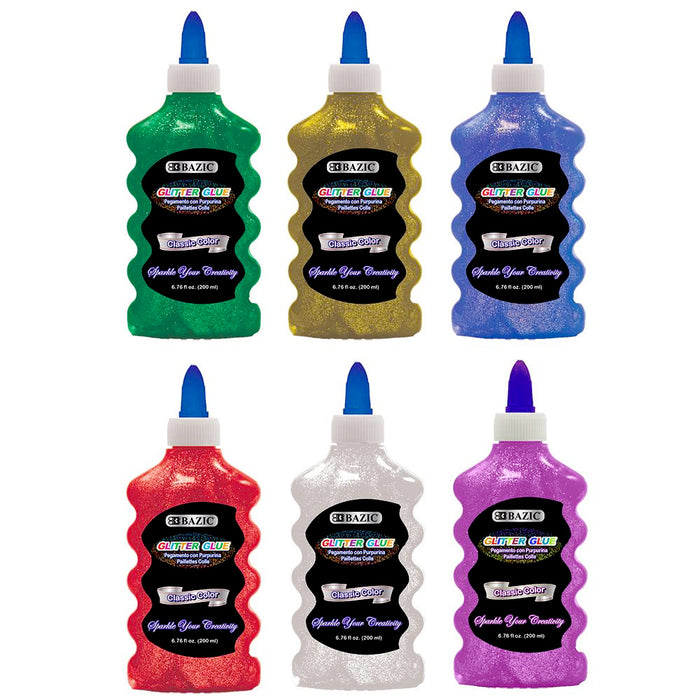 12 Bazic Classic Color Glitter Glue Assorted 6.76 fl oz Sparkle Slime Art Crafts