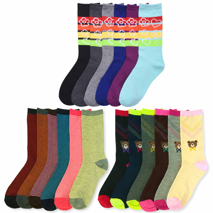 6 Pairs Womens Fashion Crew Socks Pattern Stripes Hearts Casual Size 9-11 Unisex