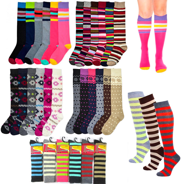 6 Pair Womens Girls Knee High Socks Lot Multi Pattern School Soccer Stripes 9-11