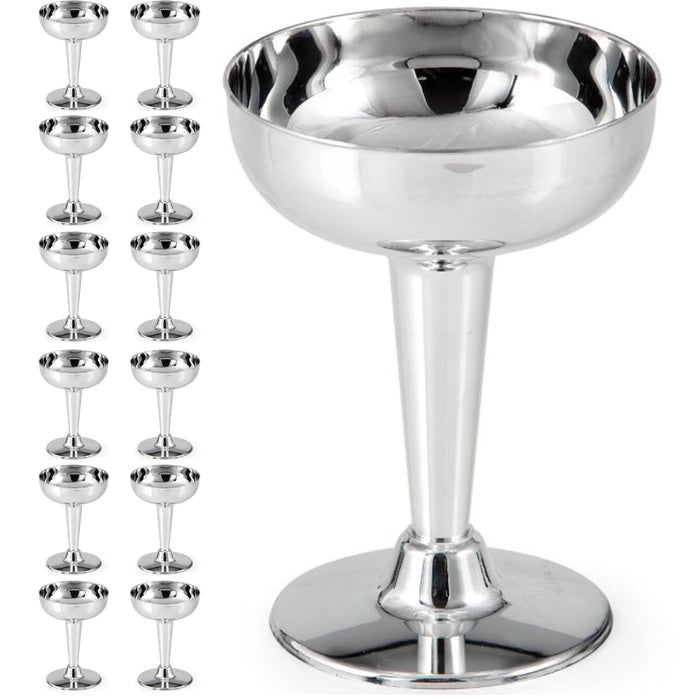 12 Pc Silver Metallic Champagne Coupe Glasses Plastic Saucer Wedding Party 4oz