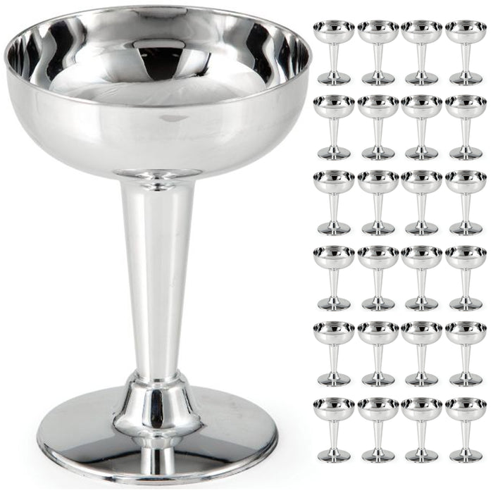 24 Pc Champagne Coupe Glasses Silver Metallic Plastic Wedding Cocktail Party 4oz