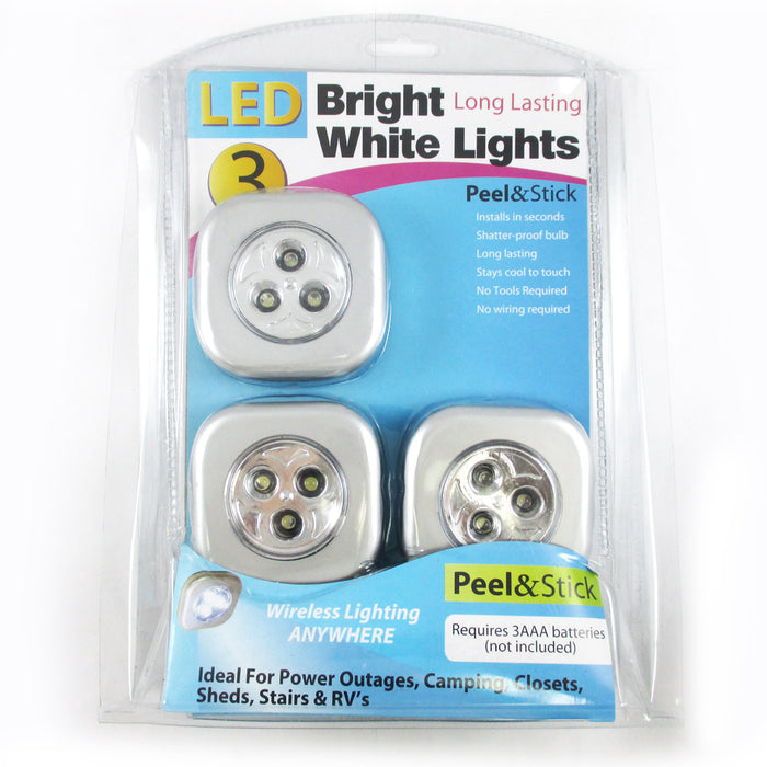 3 Pc LED Bright White Push Touch Lights Peel Stick Long Lasting Camping Closets