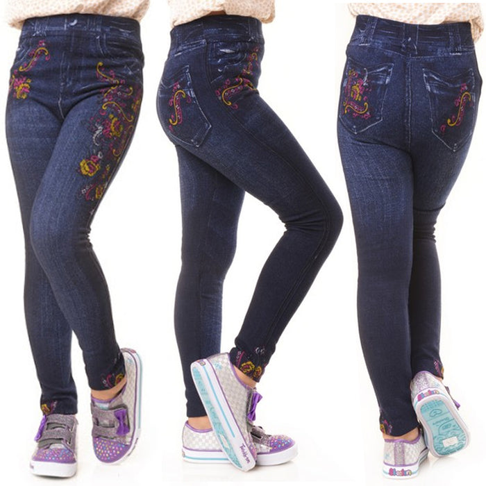 1 Kids Girls Jeggings Leggings Casual Stretchy Denim Pants Jeans Floral Print
