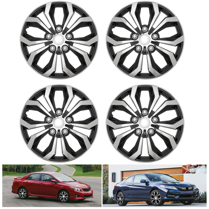 4 Pc Set Car Hub Caps Silver Black 15" Wheel Cover Rims Cap Covers Rustproof ABS