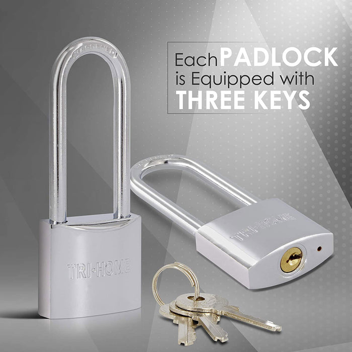 6 Pk Chrome Long Shackle Padlocks 1.5" Brass Locks Keyed 3 Keys 40mm Heavy Duty