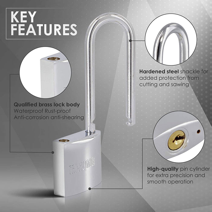 1 Pack Padlock Security Long Shackle Chrome Plated 40mm 1.5" with 3 Keys