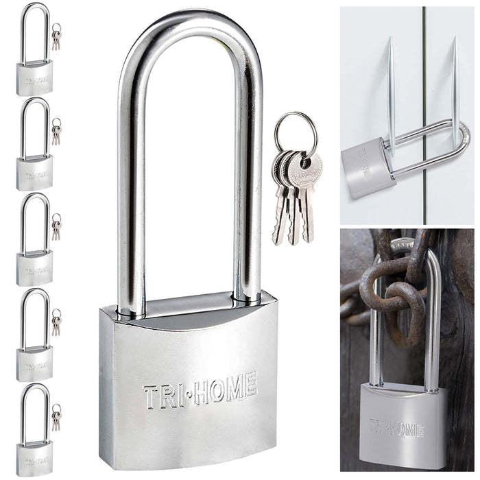 6 Pk Chrome Long Shackle Padlocks 1.5" Brass Locks Keyed 3 Keys 40mm Heavy Duty