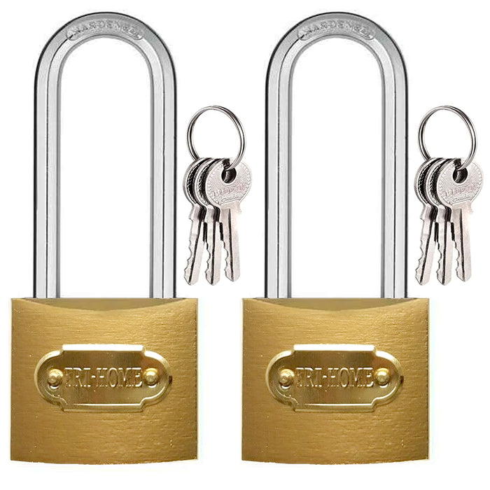 2 Pks Long Shackle Gold Metal Padlocks Heavy Duty 1.25" Brass Locks 3 Keys 32mm