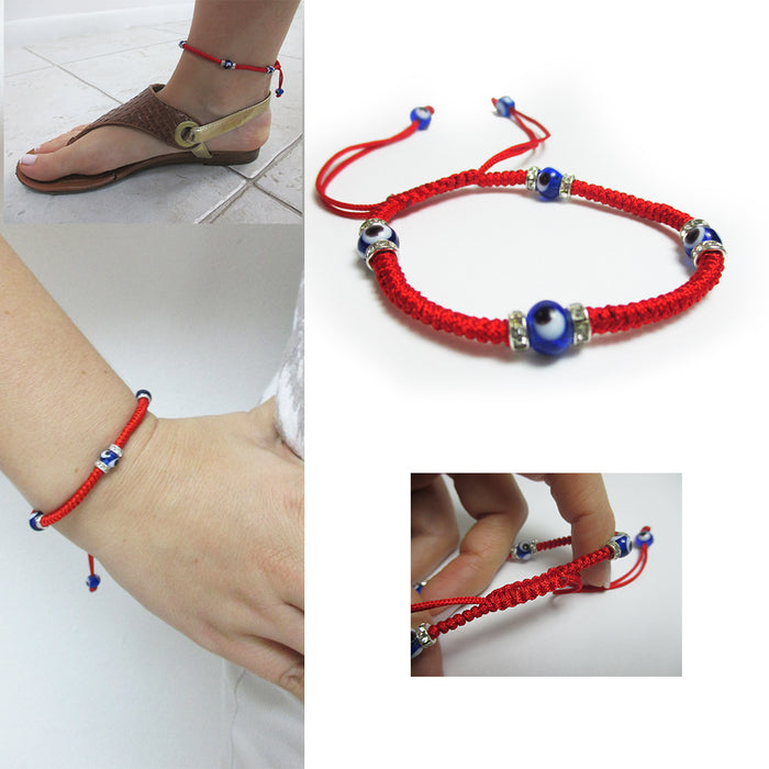 Hamsa with Evil Eye Bracelet, Red Macrame with Blue Seed Beads