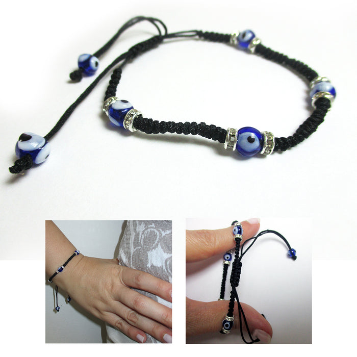 Sky Blue Beads Black Cord Macrame Beaded Bracelet 
