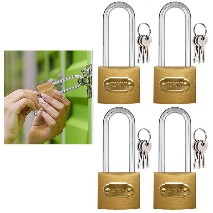4 Pk Long Shackle Metal Padlocks Brass Box Locks Keyed 3 Keys 40mm Safe Security
