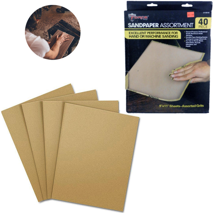 40 Assorted Grit Sandpaper Sanding Sheets 9 x 11 Wet Dry Wood Automotive Metal