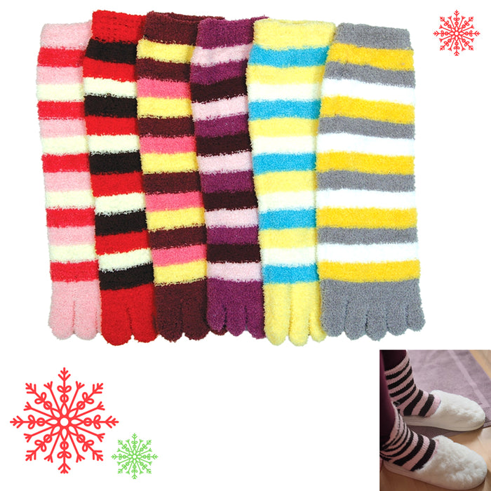 6 Paris Fuzzy Toe Socks Soft Striped Ladies Women Size 9-11 Fun Color Style Lot