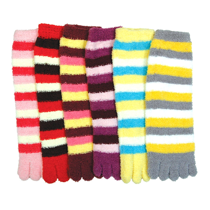 6 Pairs Fuzzy Toe Socks Soft Striped Ladies Women Size 9-11 Fun Color Style Lot