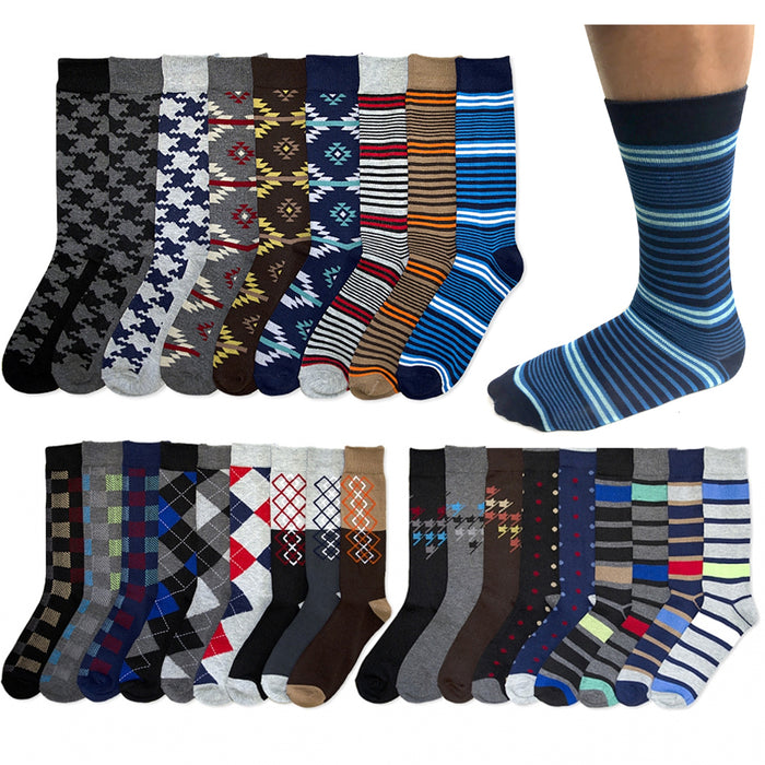 12 Pairs Mens Dress Socks Knocker Design Crew Pattern Stripe Dot Argyle 10-13